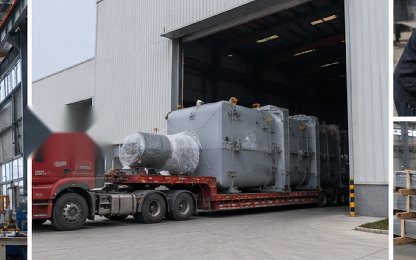 Large industrial equipment entering through a steel building opening