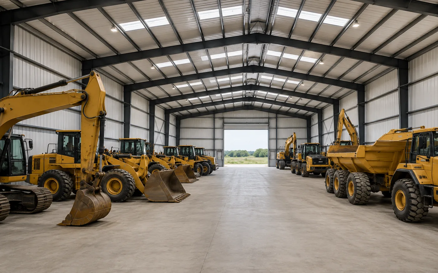 Industrial equipment storage building interior with clear machinery circulation space