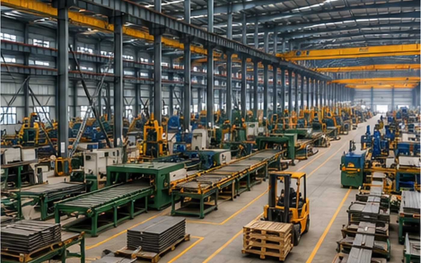 Industrial factory production line with machinery and material flow routes