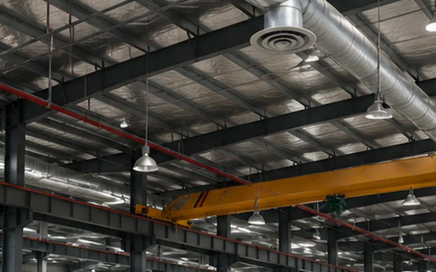 Industrial steel building interior showing structural and suspended obstructions affecting clear height