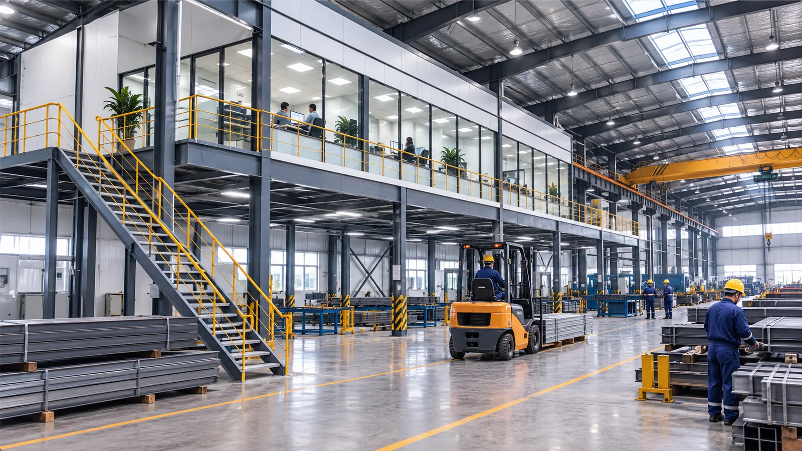 Industrial steel building with integrated office mezzanine and production space