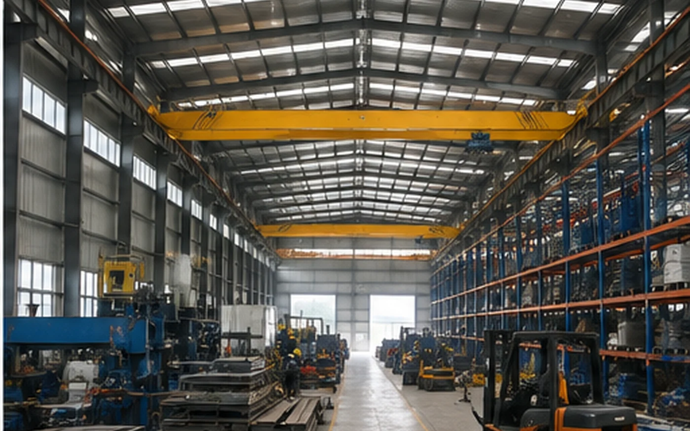 Industrial warehouse interior with equipment and storage space