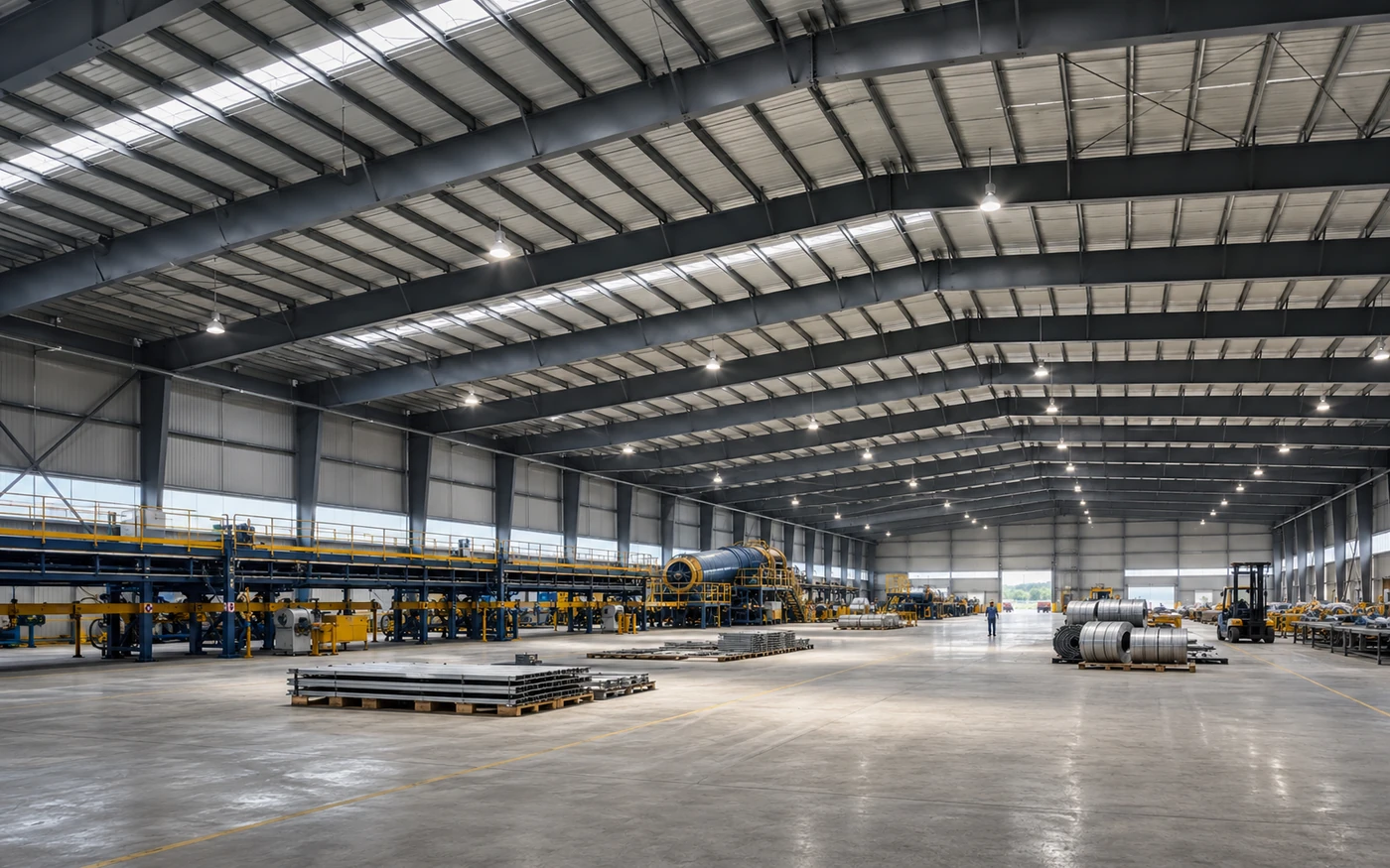 large open interior of industrial steel building with production equipment
