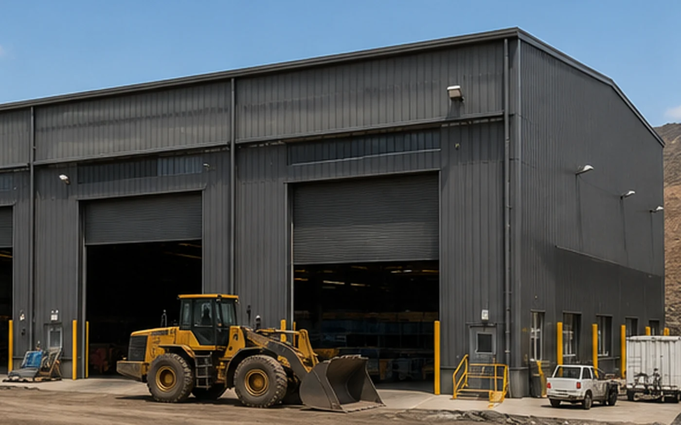Mining support steel building with large equipment and vehicle access
