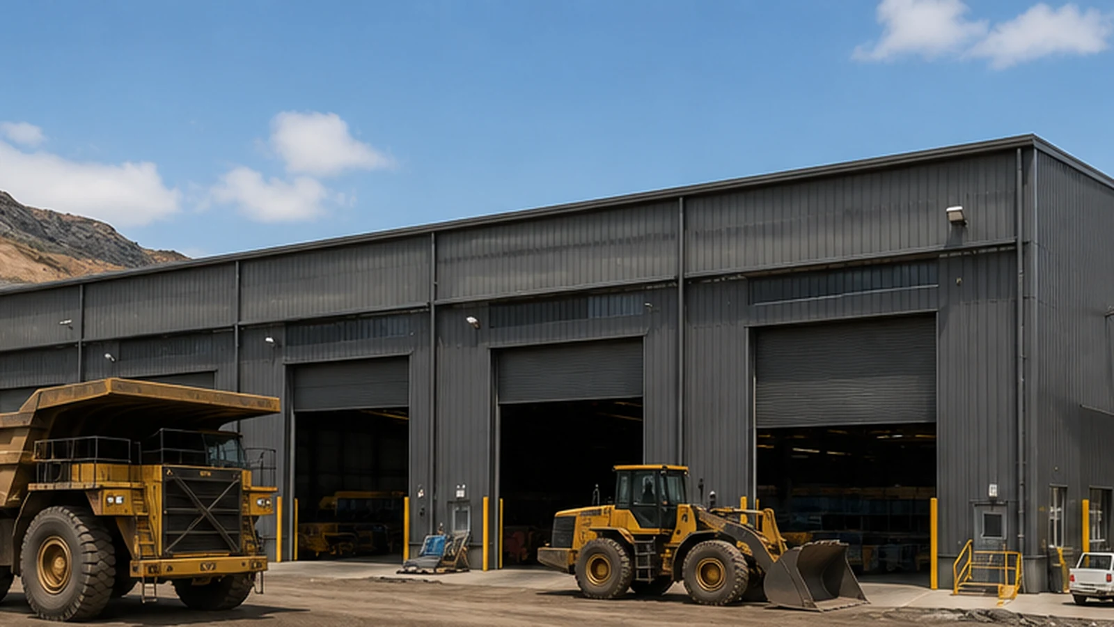 Mining support steel building for equipment access maintenance and storage operations