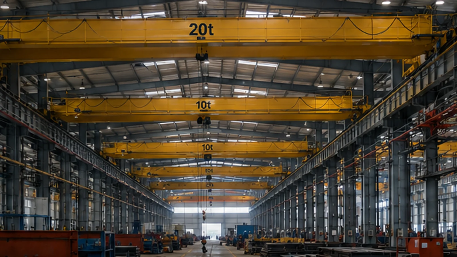 Industrial steel building with multiple overhead cranes and separate operating zones