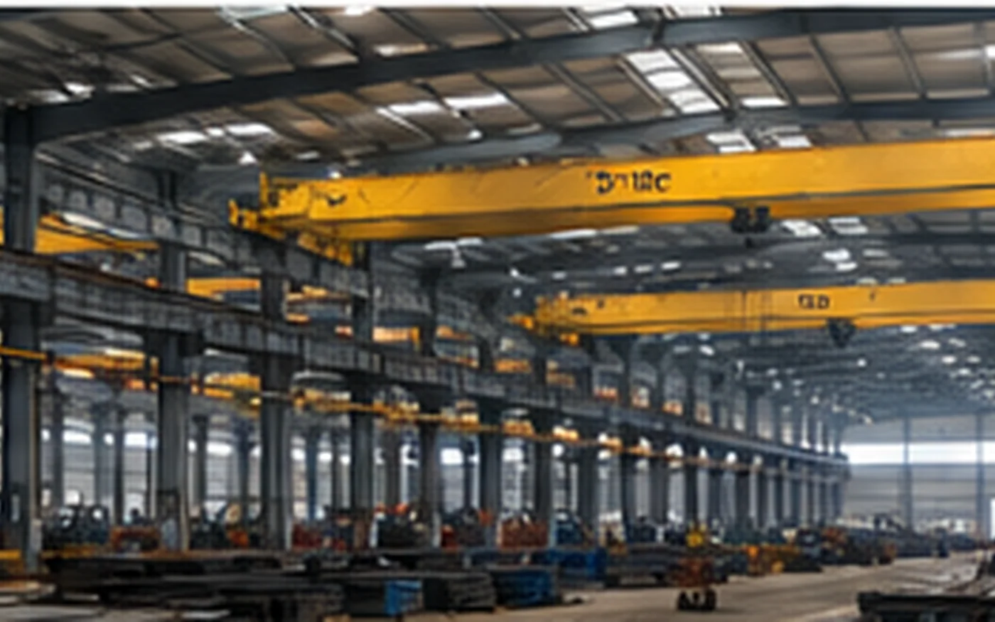Industrial steel building with multiple crane bays and overhead crane operating zones