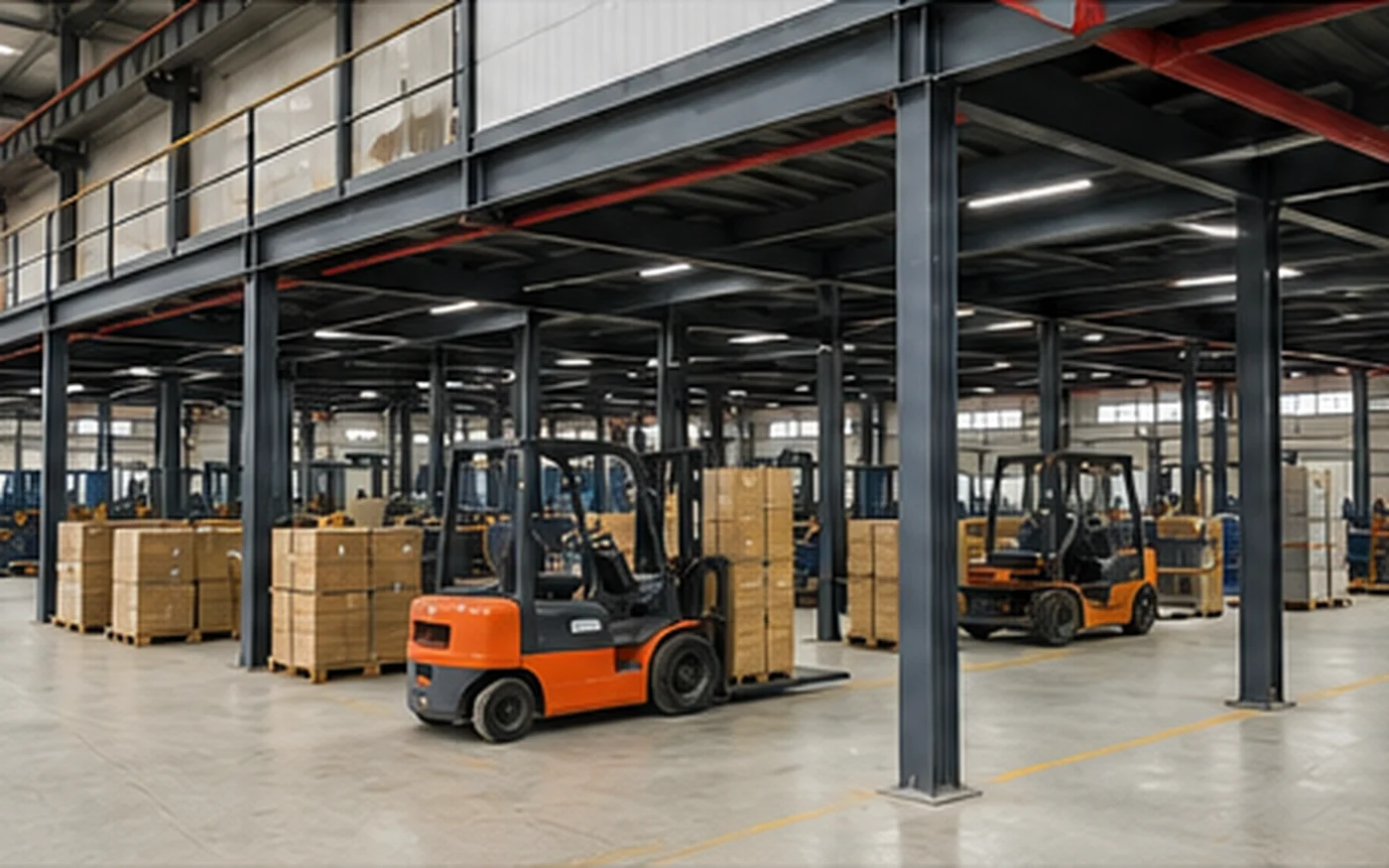 Office mezzanine with equipment clearance and forklift route below