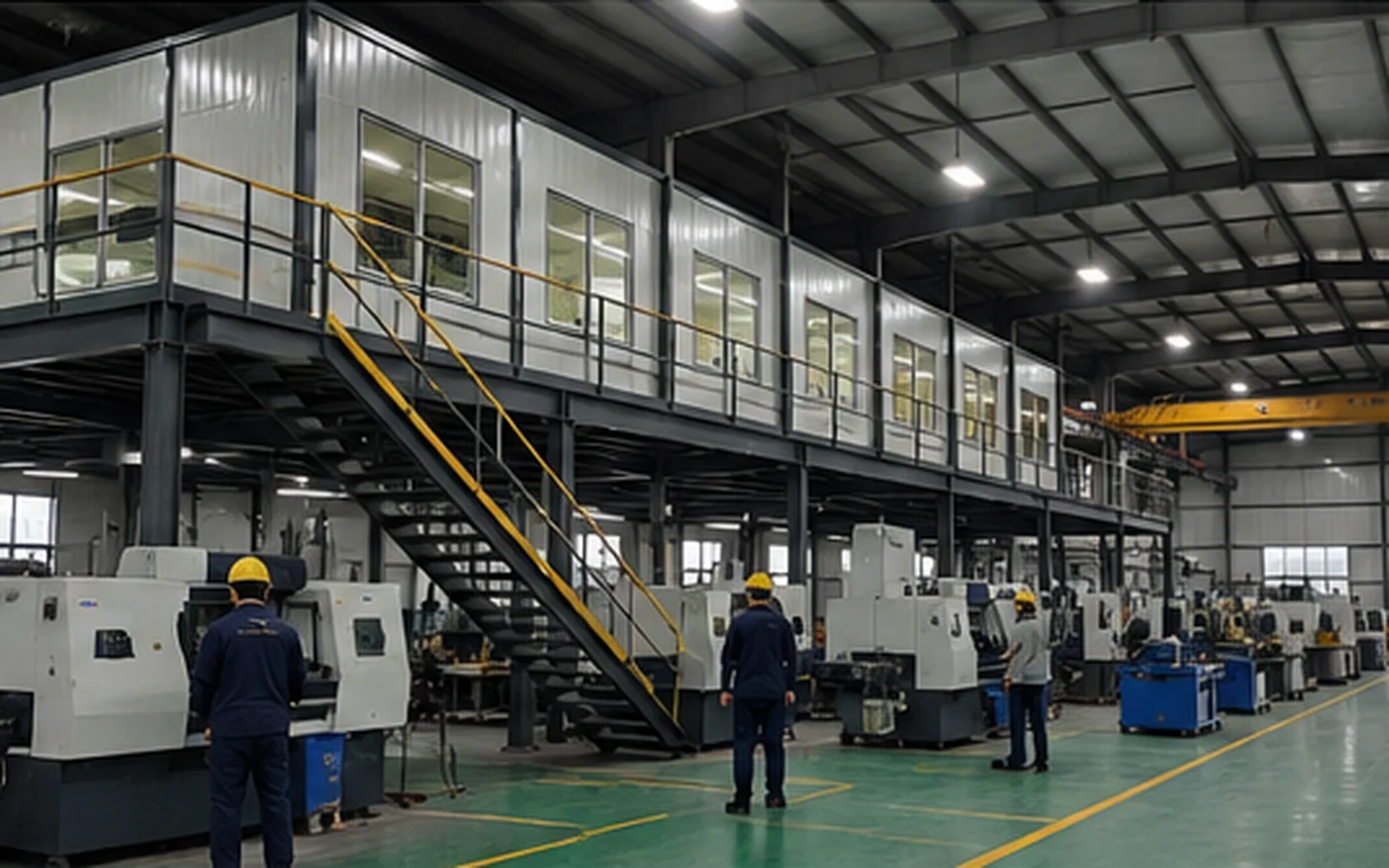 Office mezzanine coordinated with industrial production zones and personnel access
