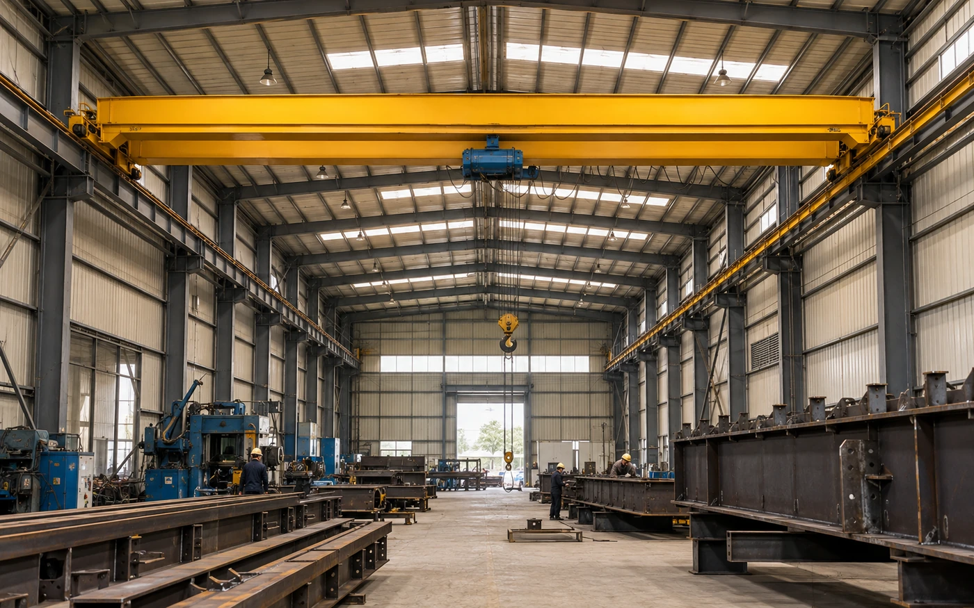 overhead crane inside steel workshop with runway beams and columns