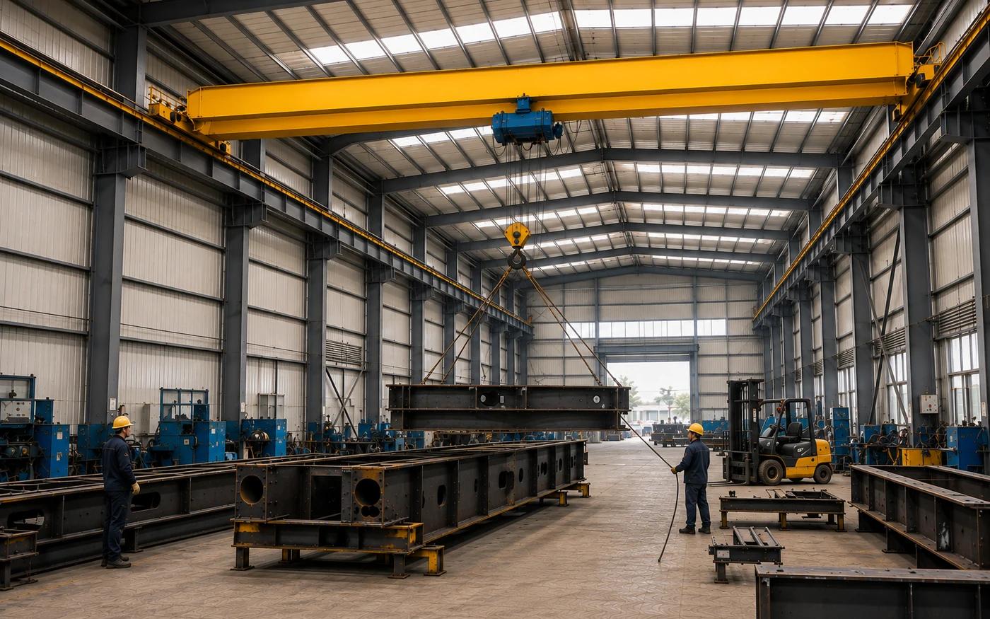 production line under overhead crane in steel workshop