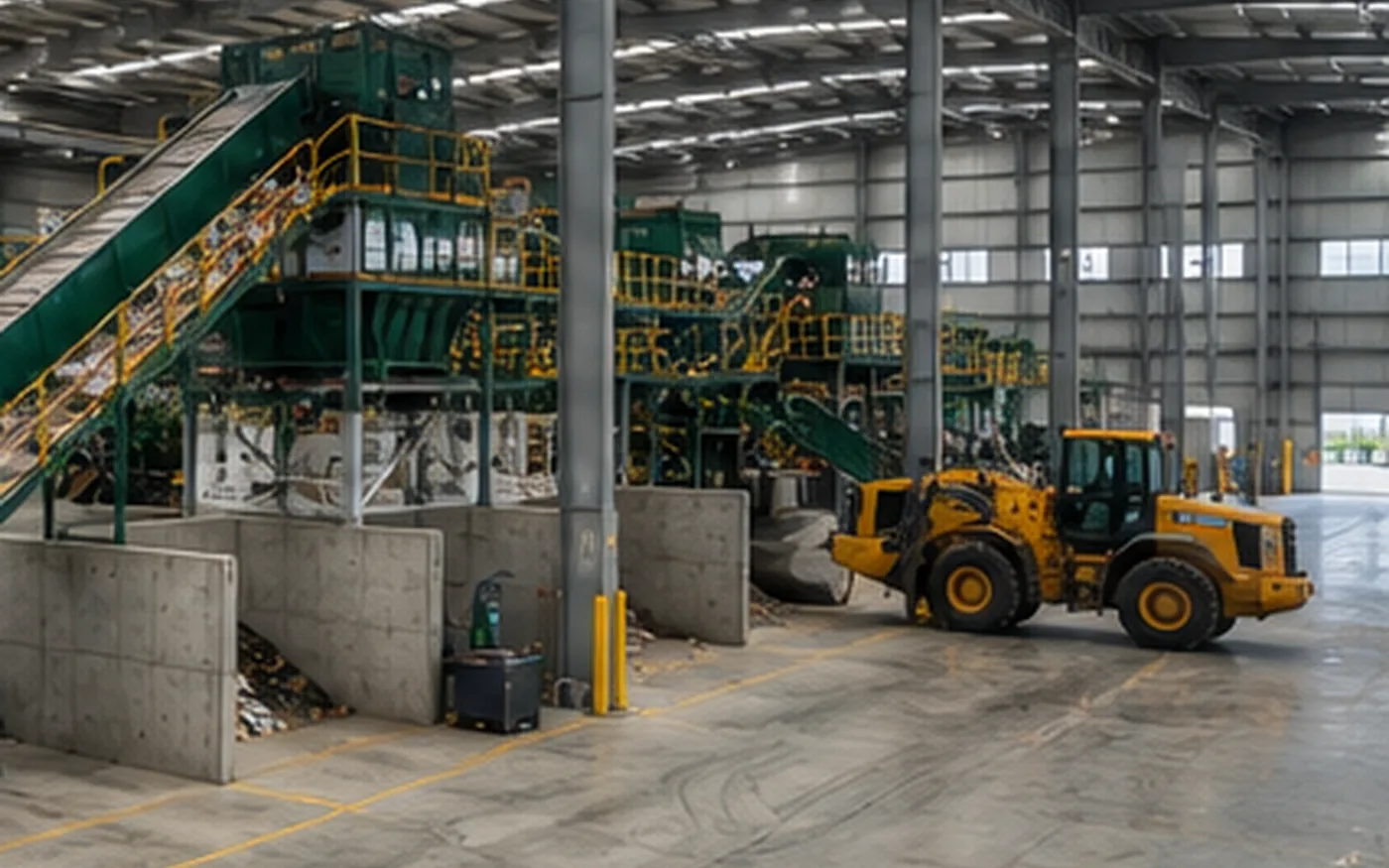 Recycling facility interior with equipment zones and material circulation space