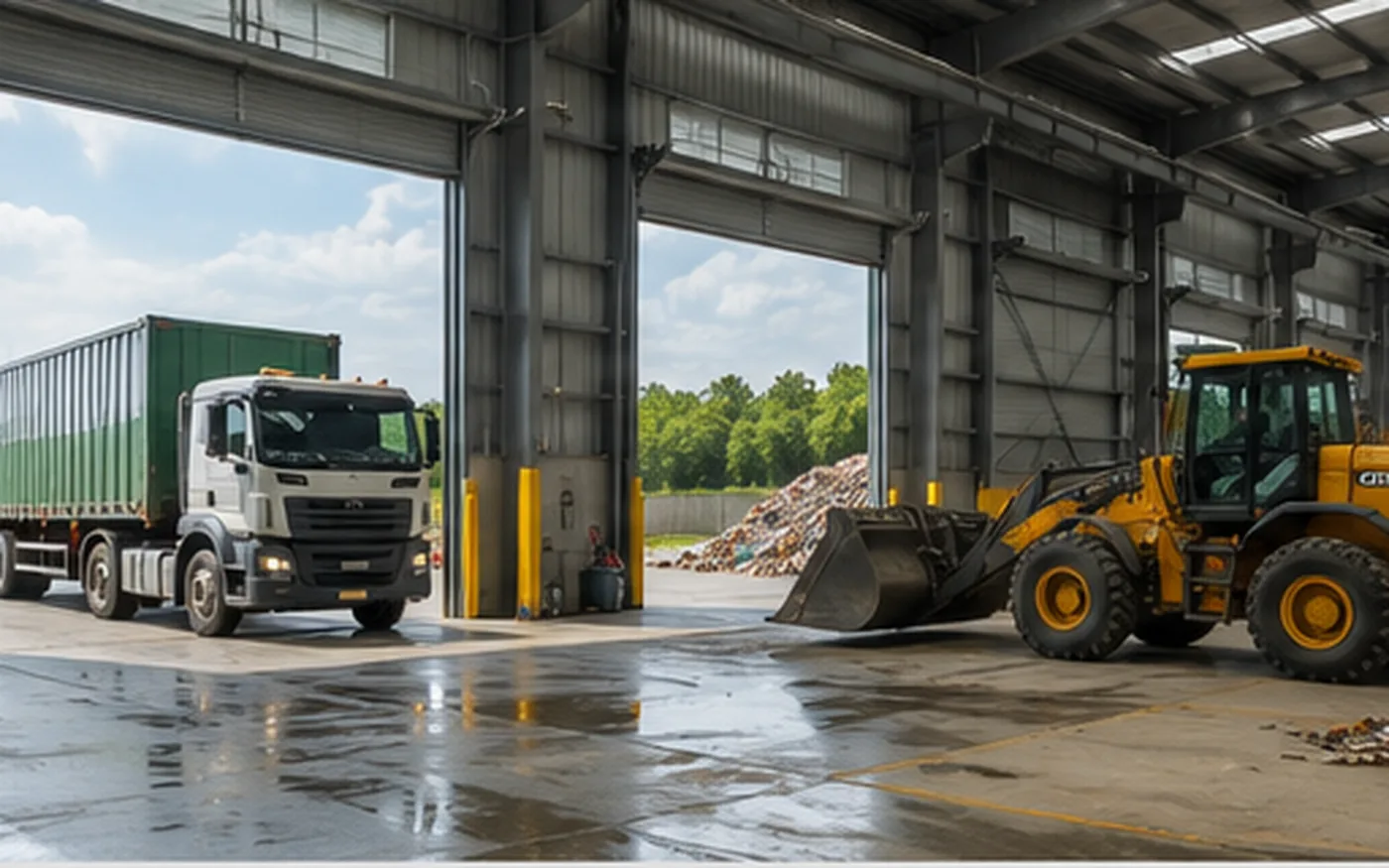 Recycling facility steel building with large vehicle access for trucks and loaders