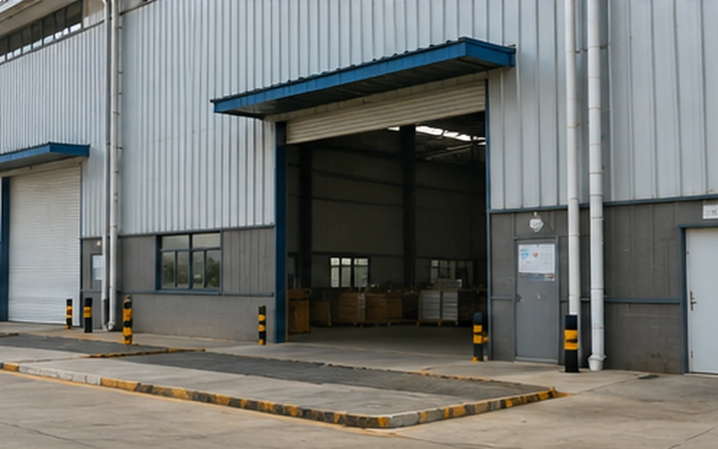 Steel building roof drainage coordinated with loading doors and access areas