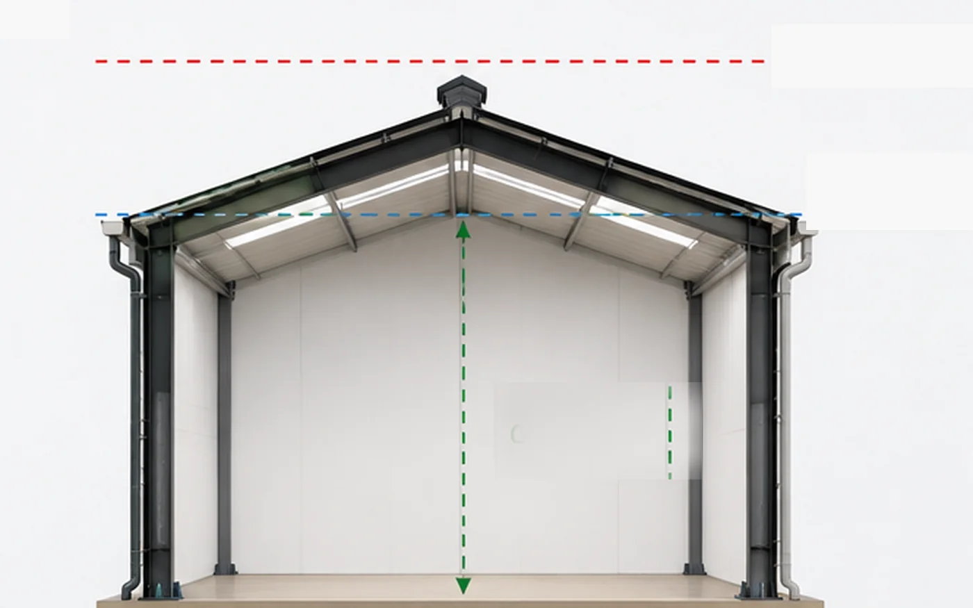 Steel building cross section showing clear height eave height and ridge geometry