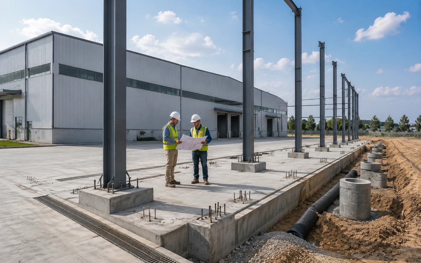 Foundation and site coordination for future steel building expansion