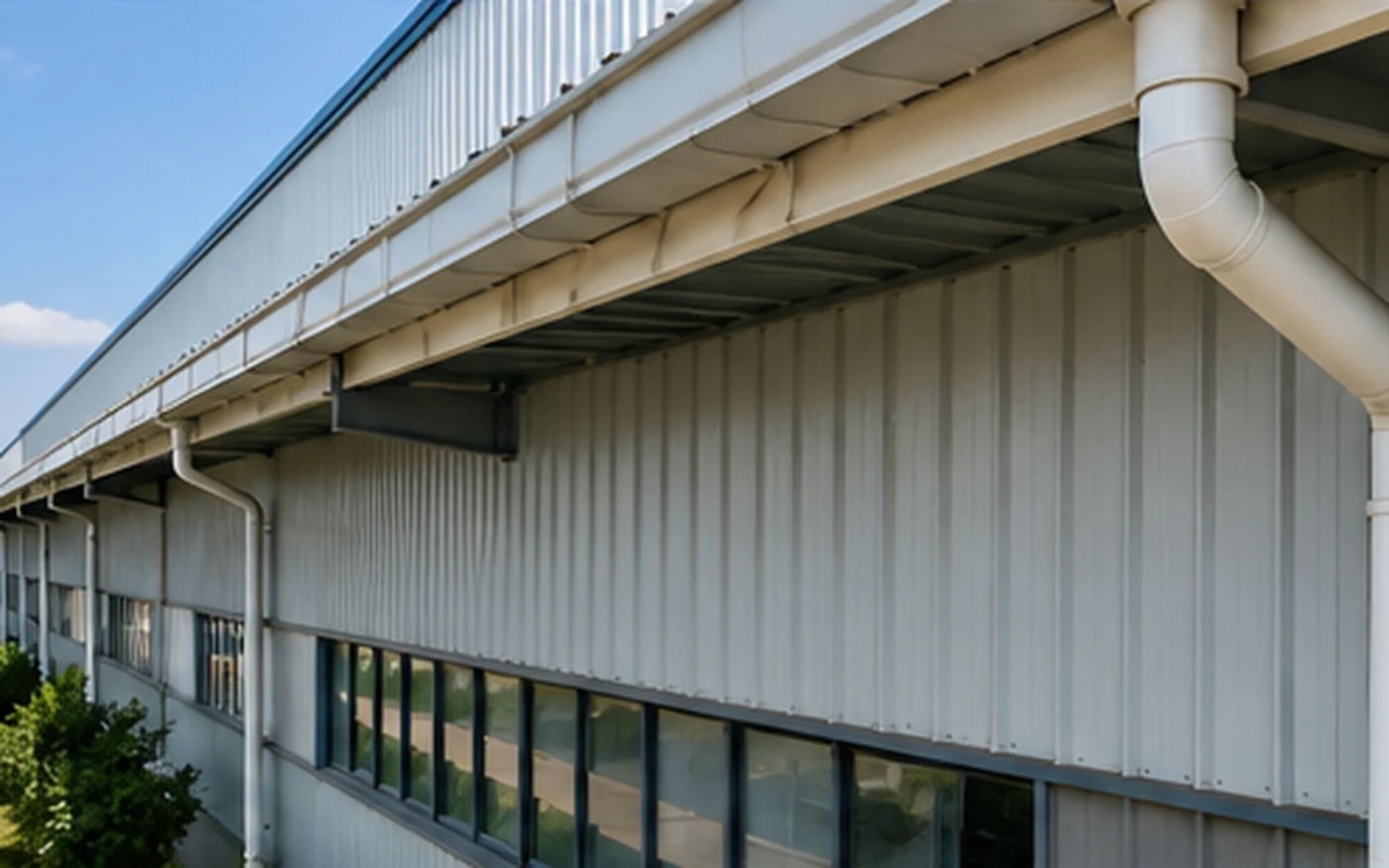 Steel building gutter collection and downpipe routing along the eave