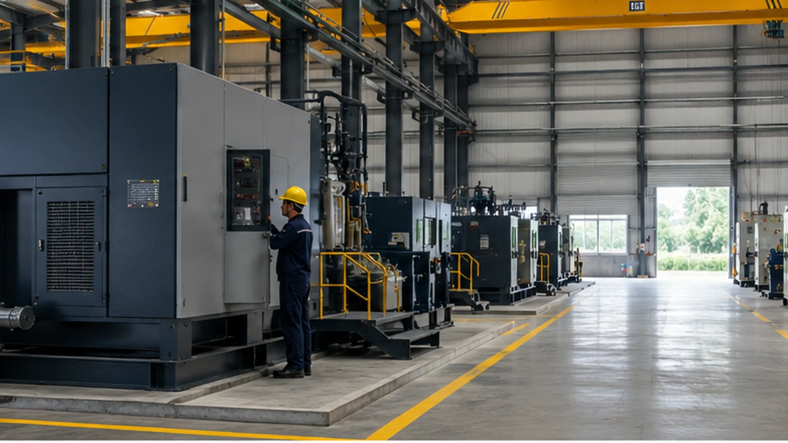 Industrial steel building with maintenance access around installed equipment