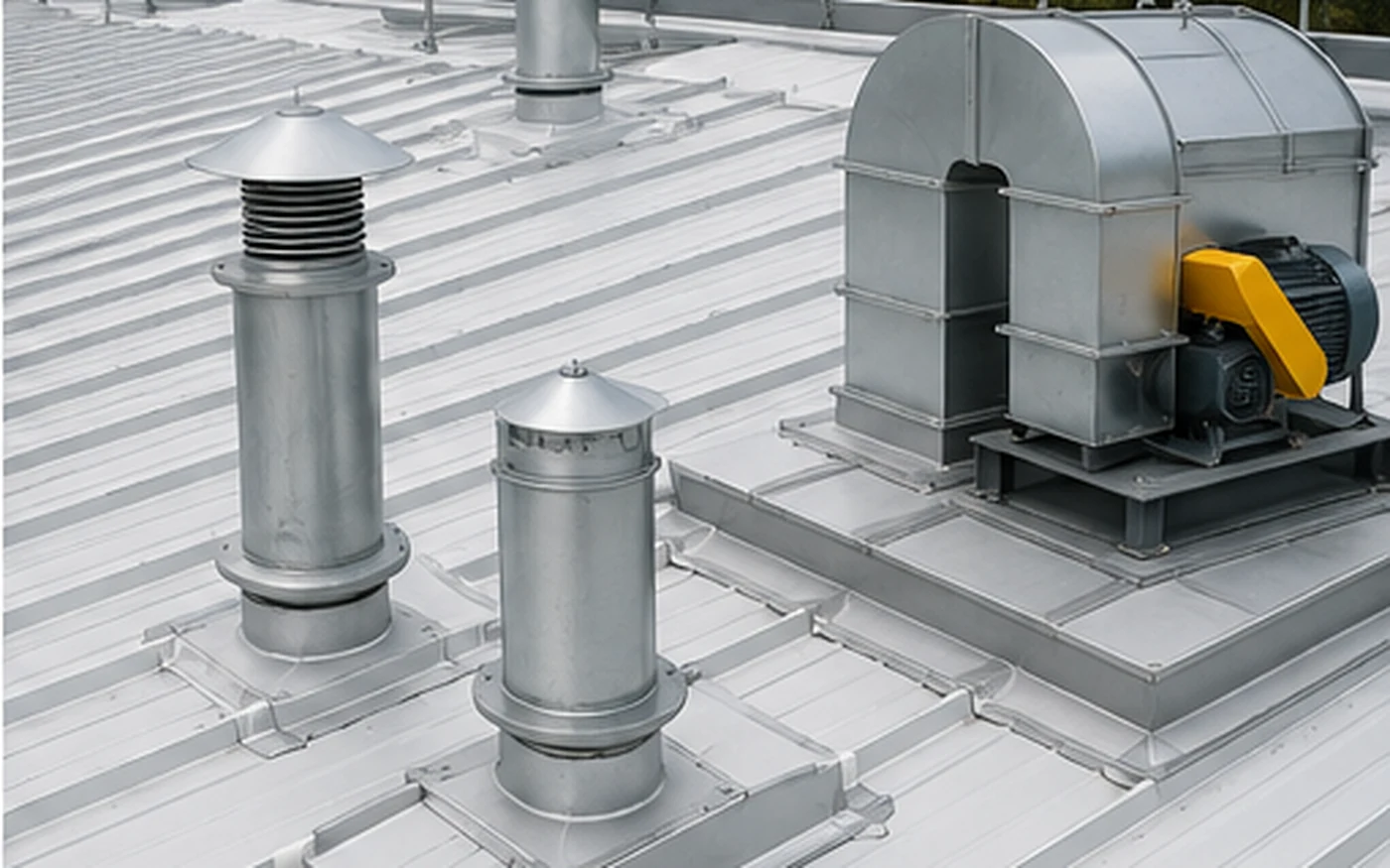 Roof penetration coordination for ducts exhaust equipment and steel roof interfaces