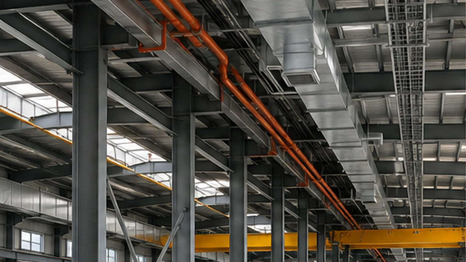 Steel building service routes coordinated with structural framing and industrial utilities