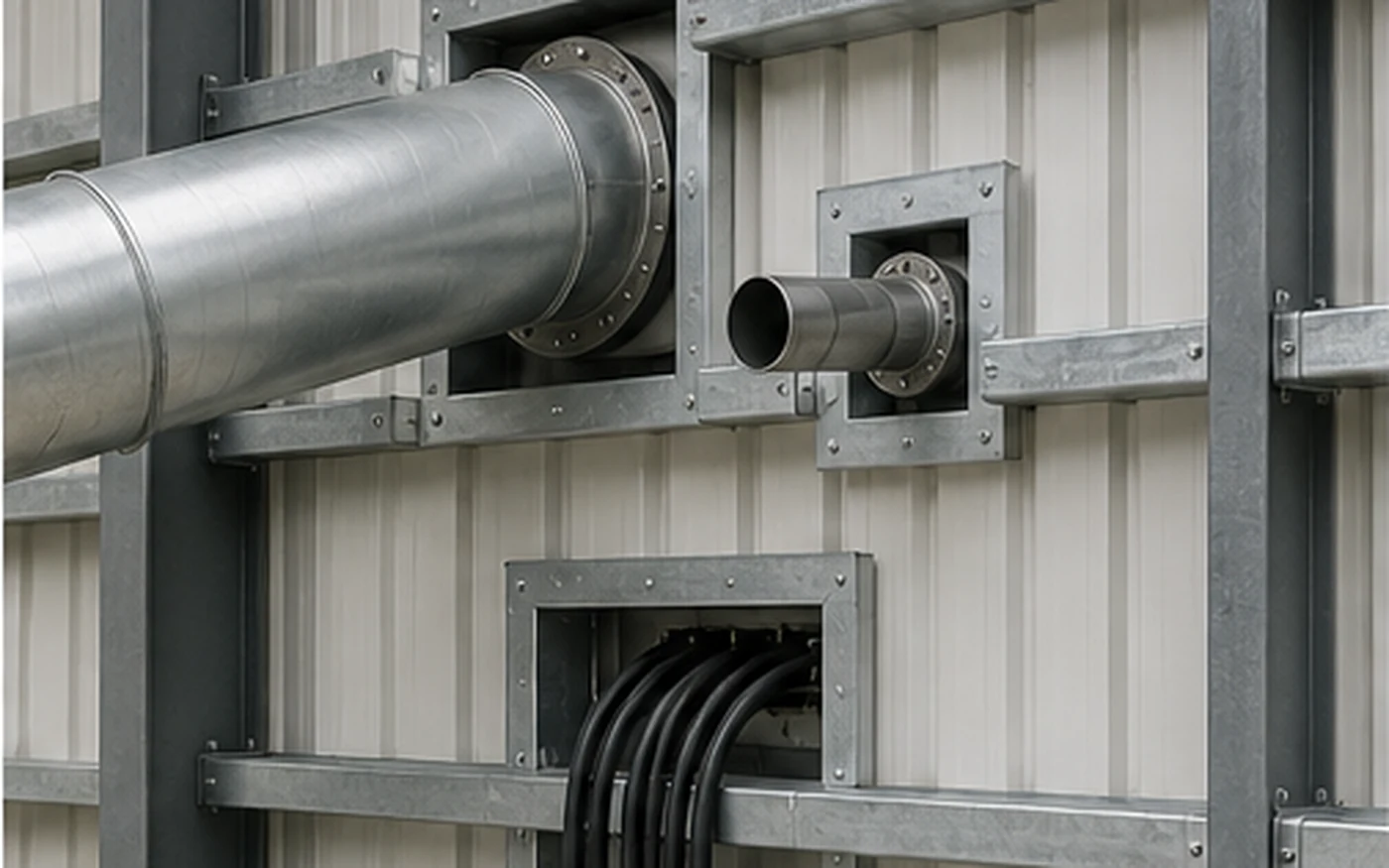 Wall service penetrations for ducts pipes and cable routes in a steel building