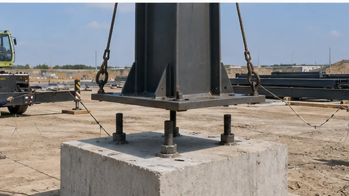 steel column base plate aligned with anchor bolts