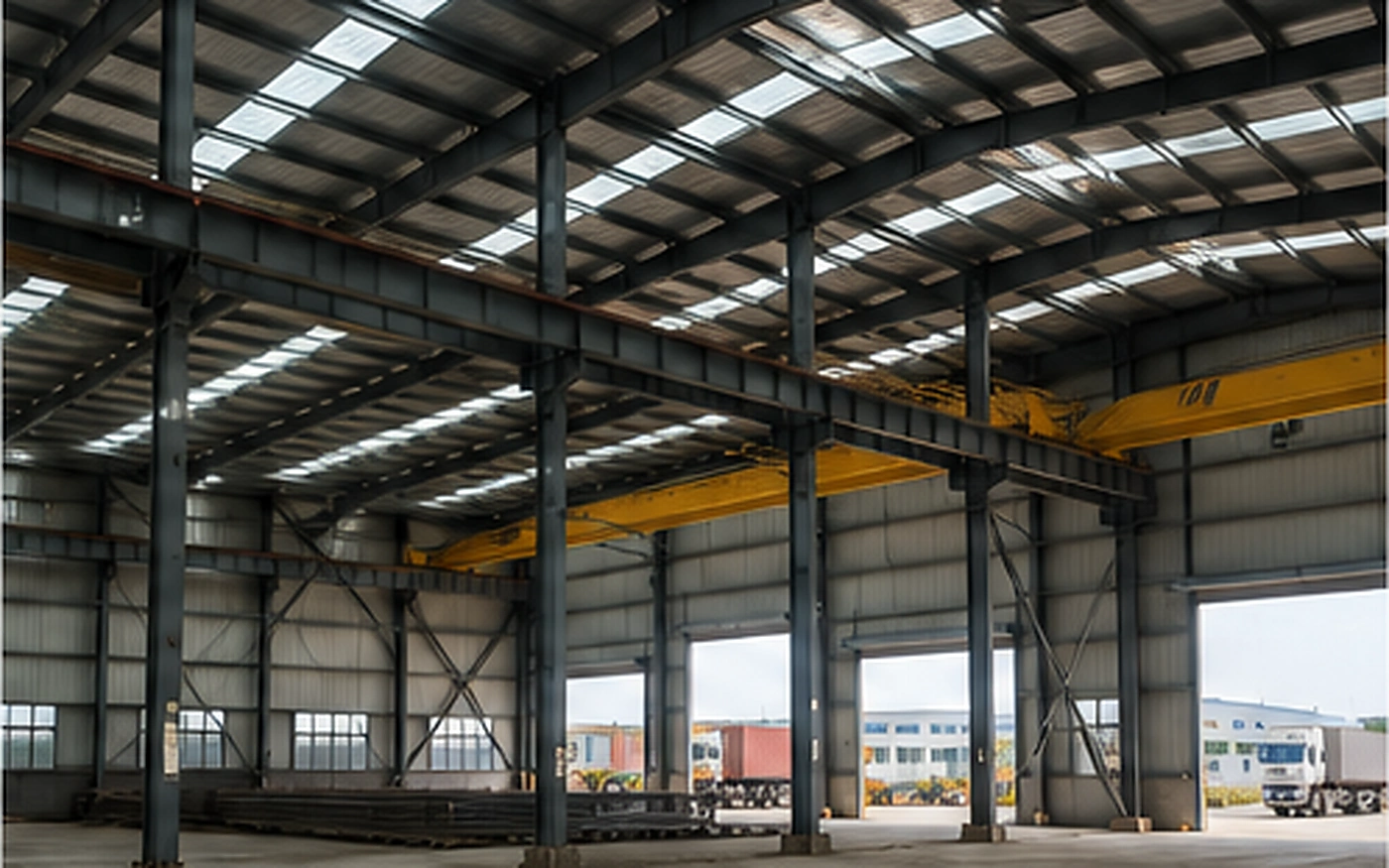 Steel factory structure with equipment access openings and production space