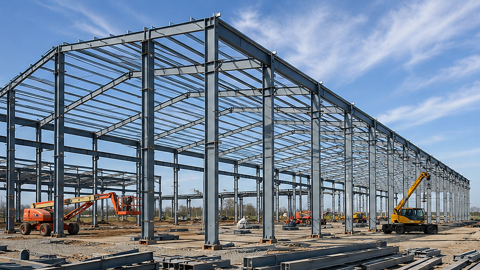 Steel frame workshop structural system with columns rafters and bracing