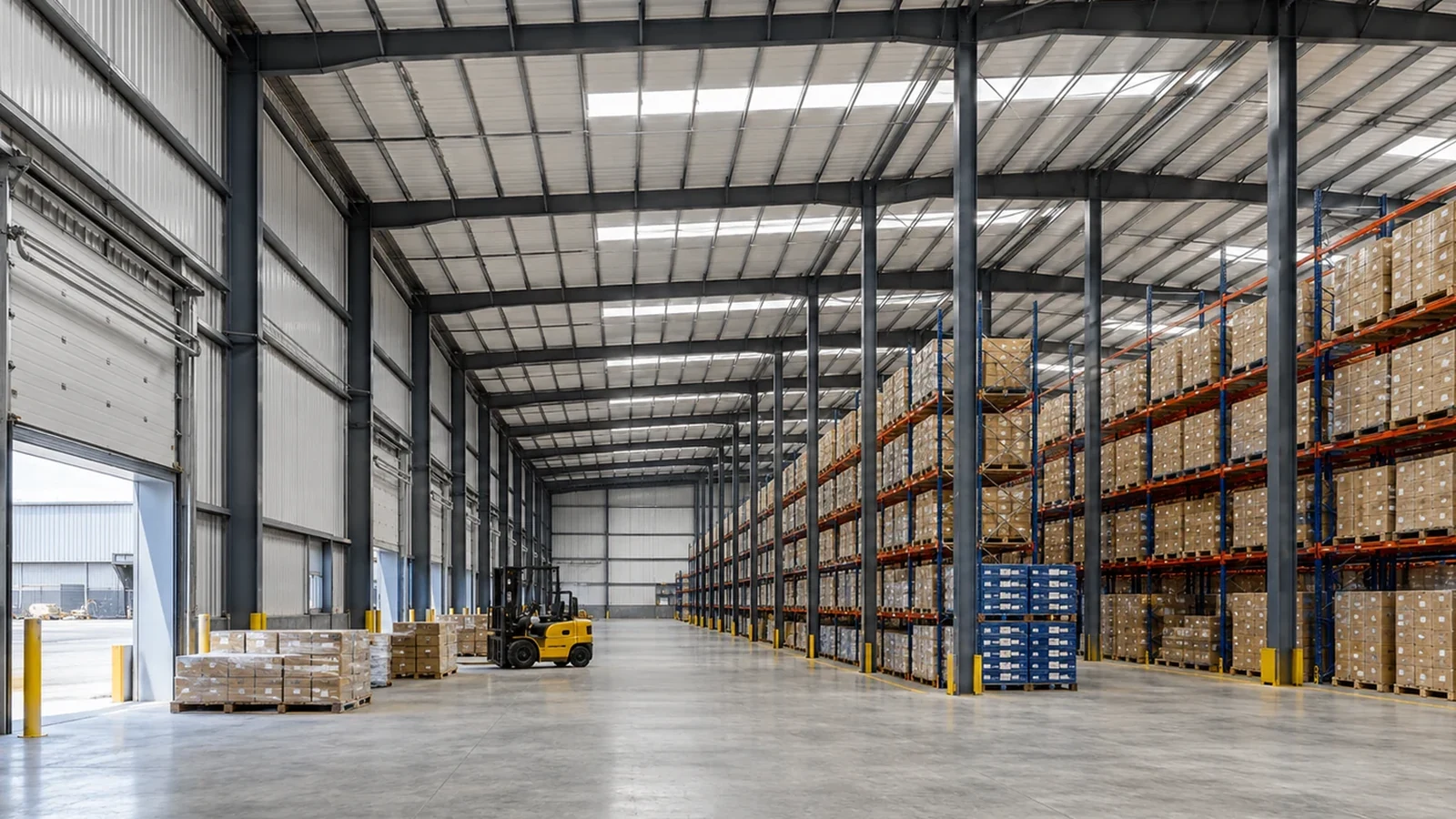 Steel logistics warehouse building with racking forklift circulation and loading access