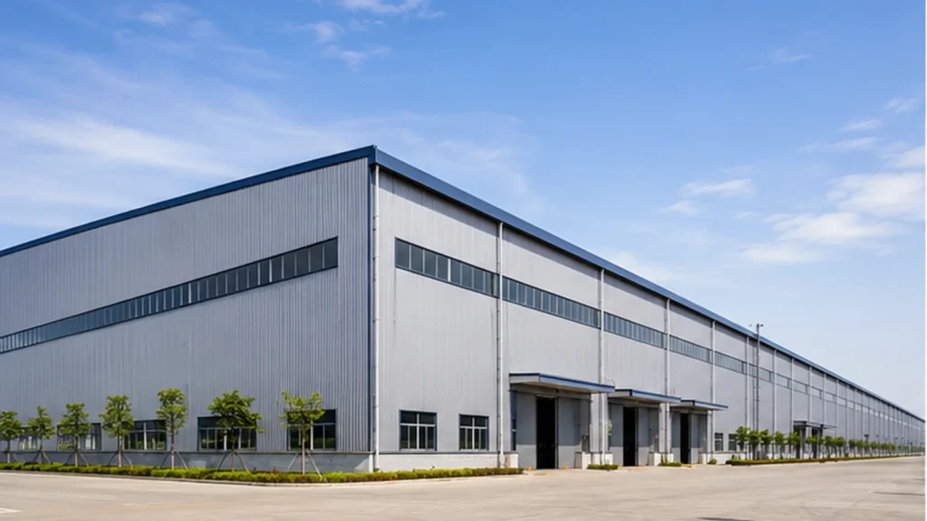 long industrial steel warehouse exterior