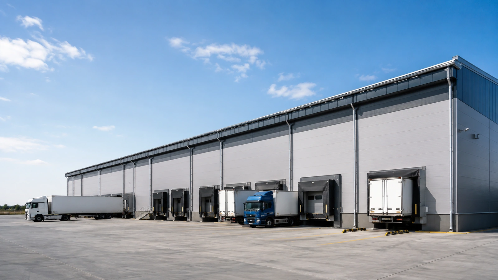 steel warehouse with multiple loading docks and trucks