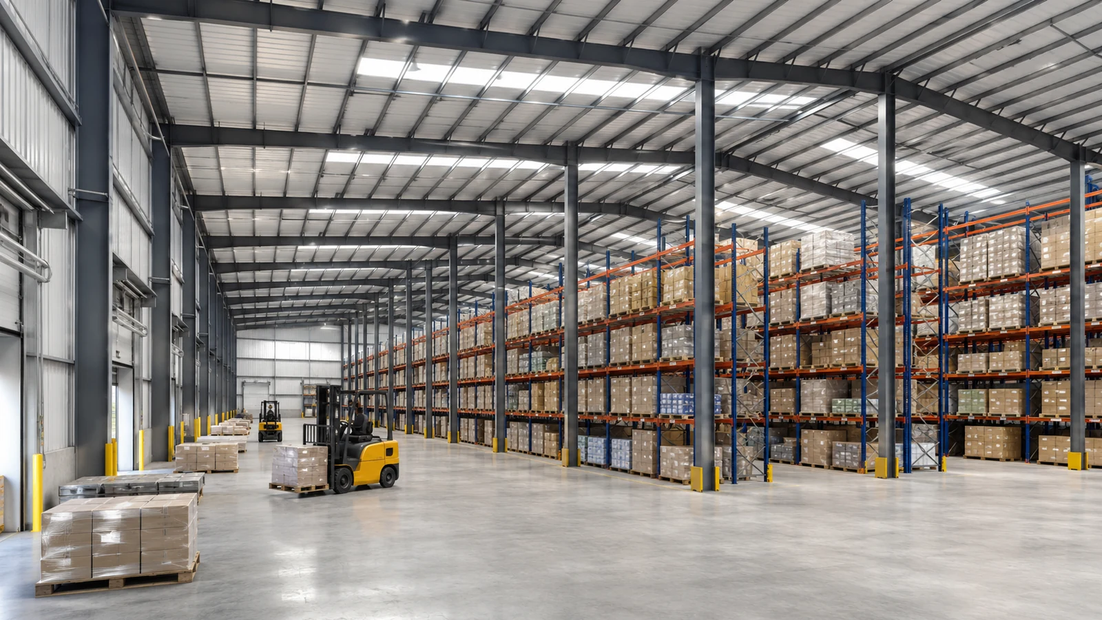 Steel warehouse racking layout with structural columns and forklift aisles