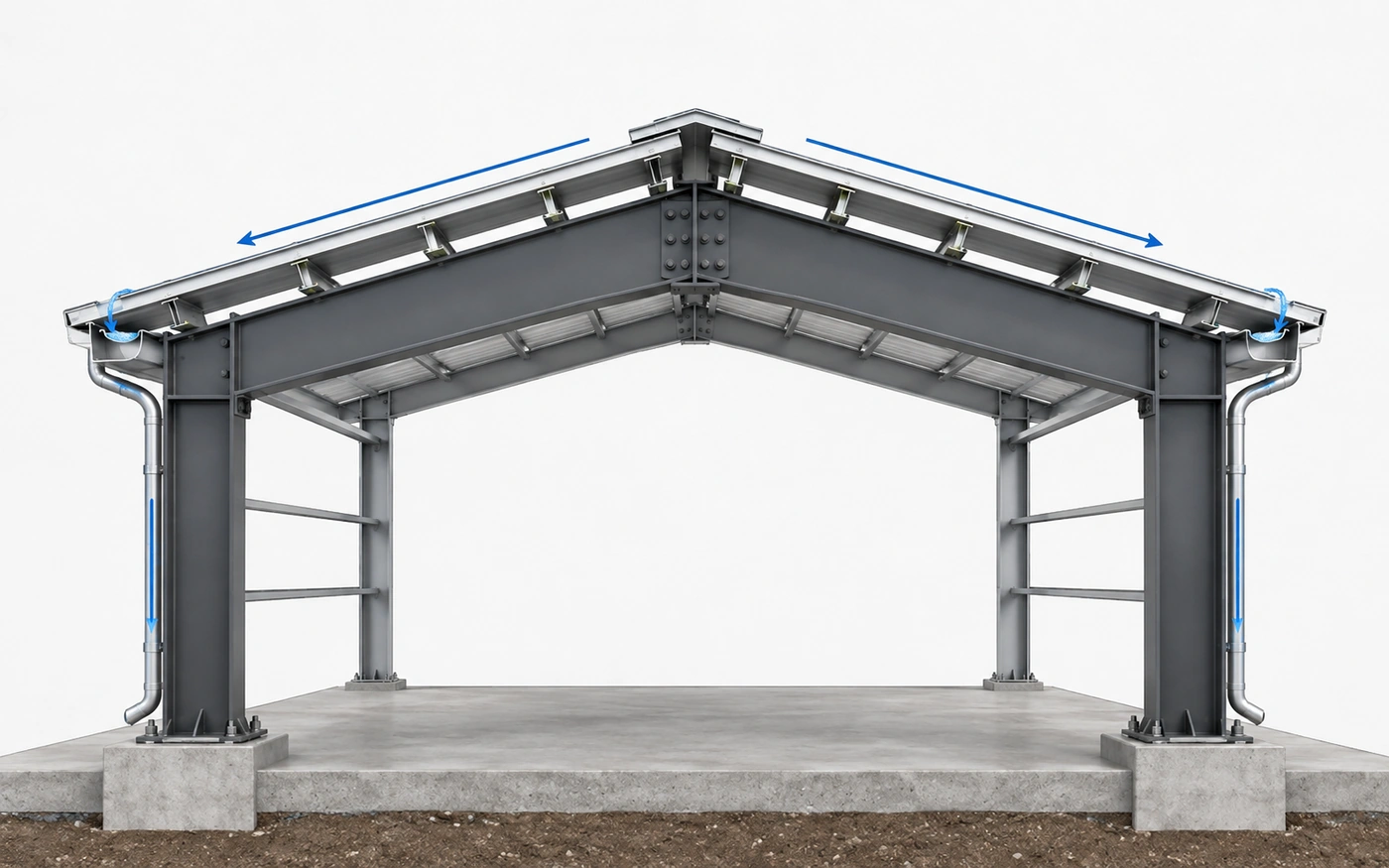 steel warehouse roof cross section showing ridge eave purlins and drainage