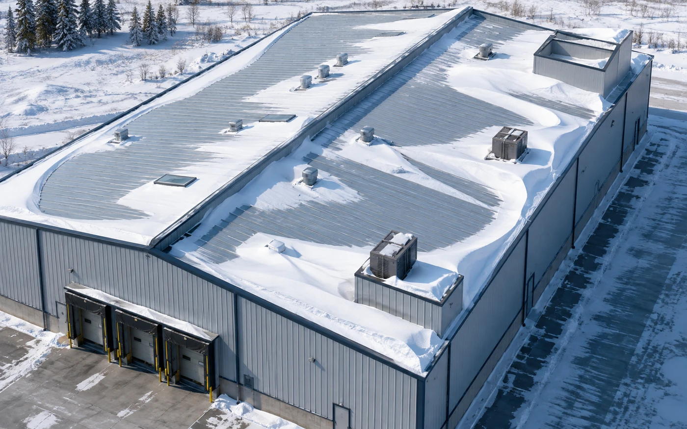 snow drift potential around rooftop equipment on a steel warehouse