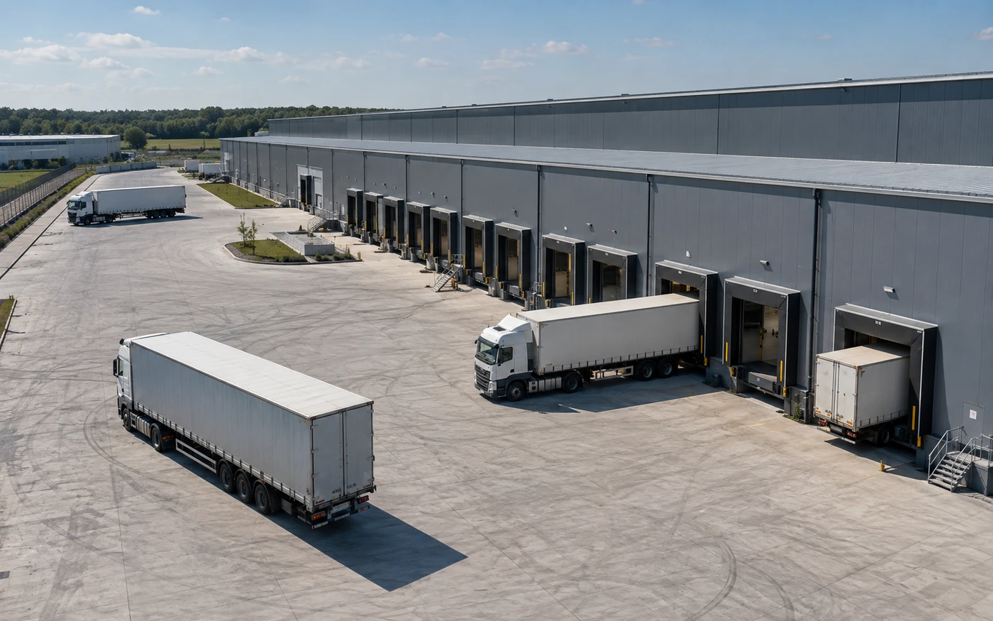 trucks maneuvering in warehouse truck court approaching loading docks