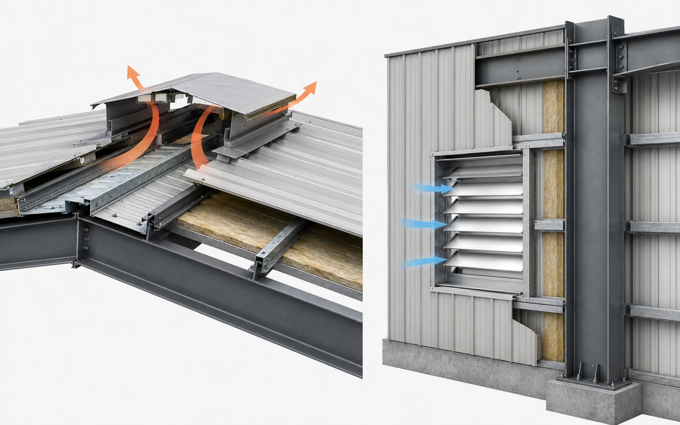 warehouse ventilation openings coordinated with steel purlins and wall girts