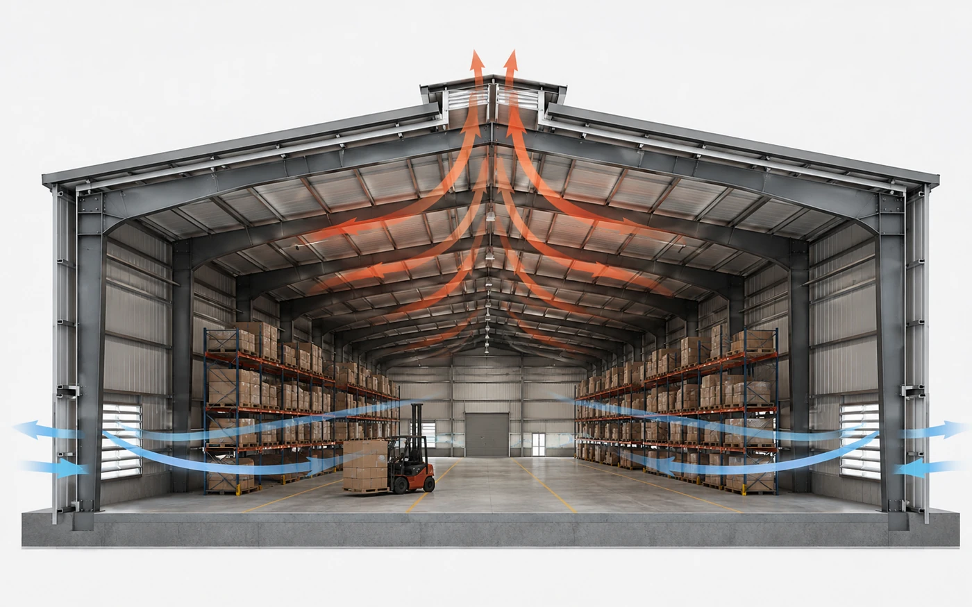 warehouse ventilation airflow path from wall intake to roof exhaust