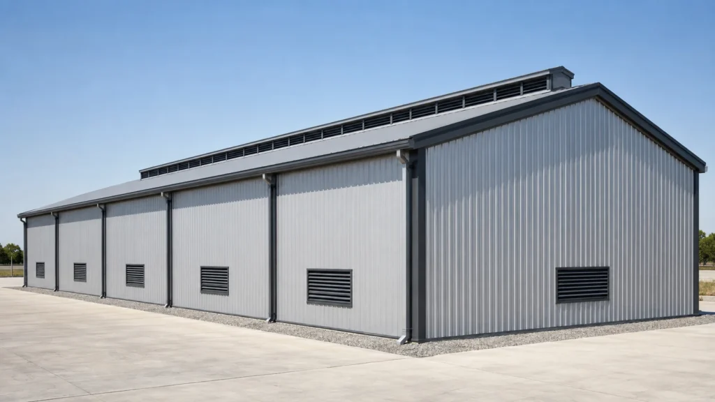 steel warehouse with roof ventilation and wall louvers