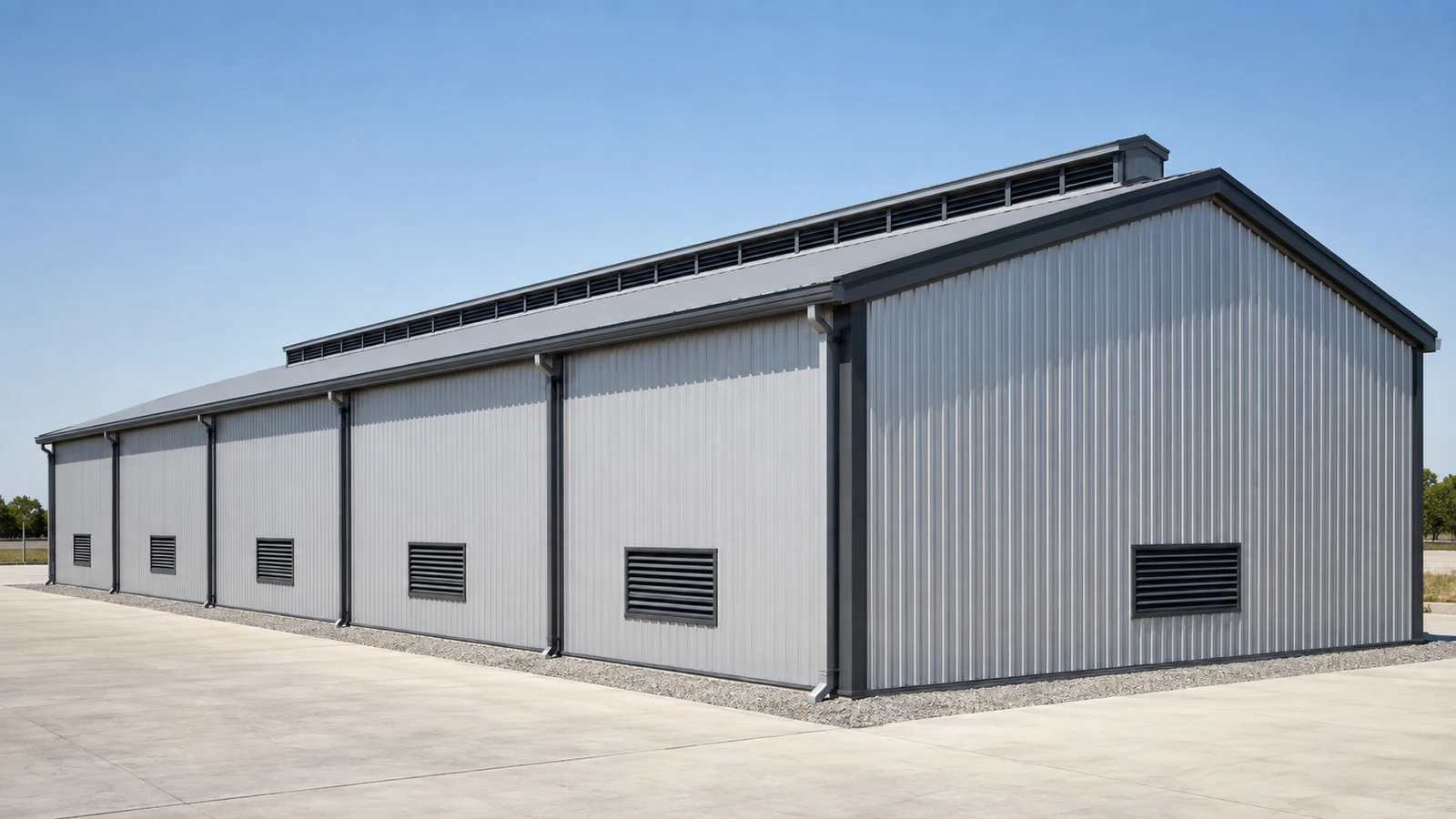 steel warehouse with roof ventilation and wall louvers
