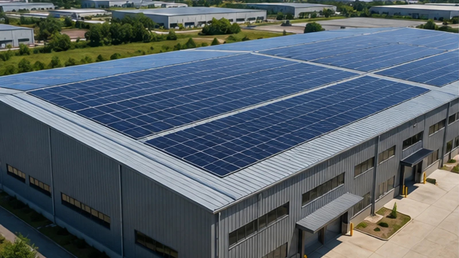 industrial steel warehouse with rooftop solar panels