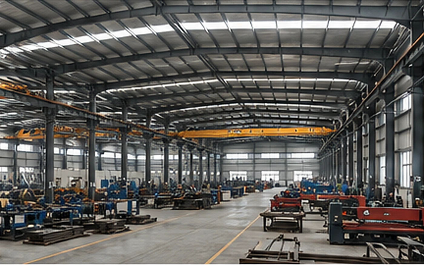 Steel workshop equipment layout with open circulation and airflow paths