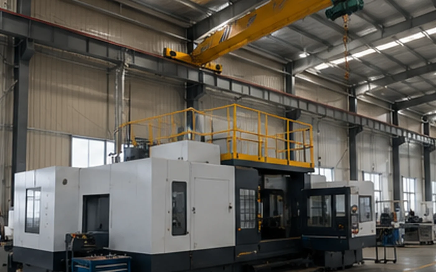 Steel workshop showing equipment operating and maintenance clearance below the roof structure