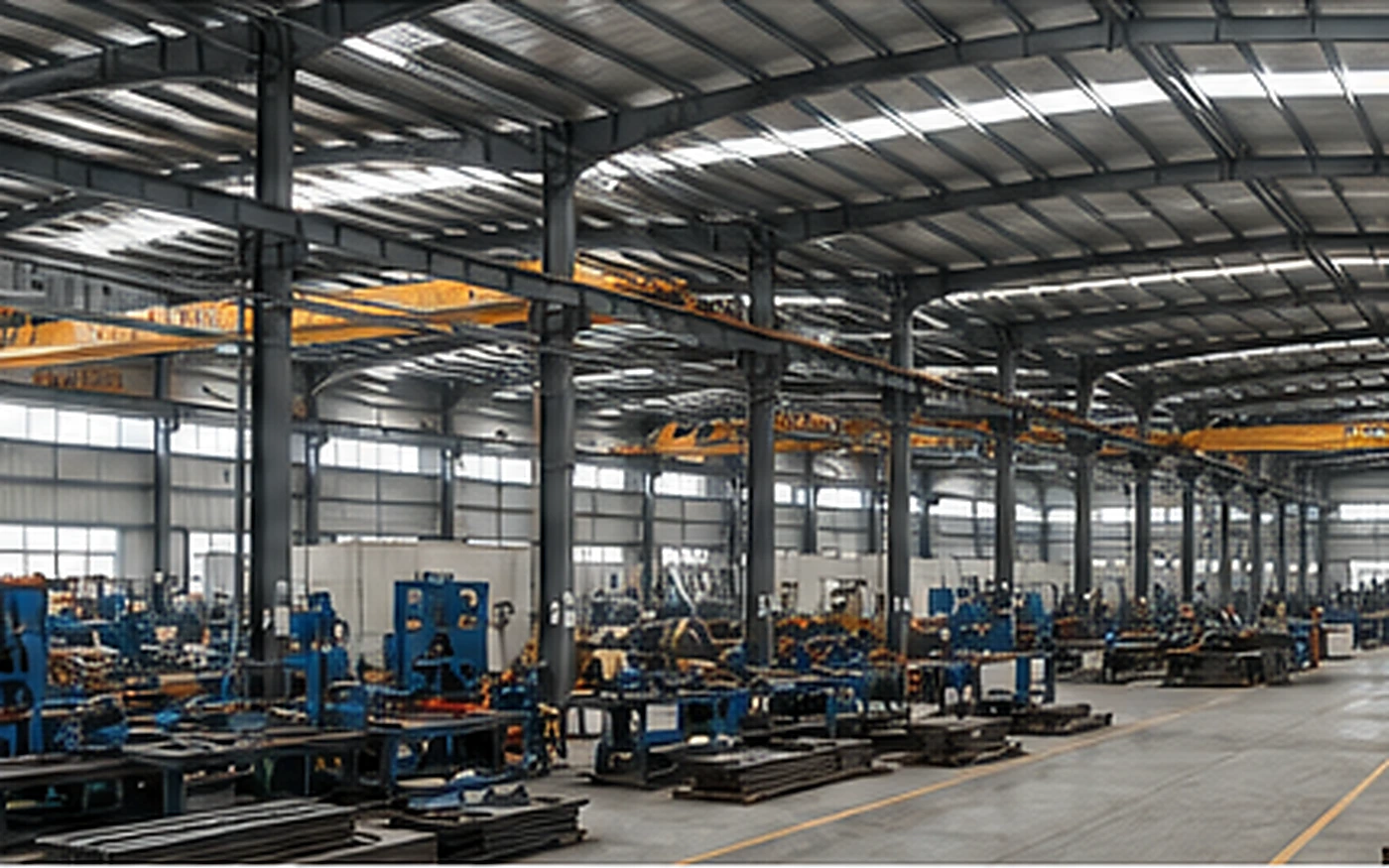 Steel workshop production area with machinery and process heat sources