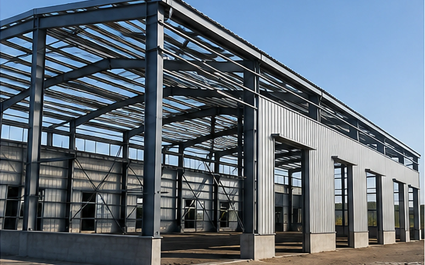 Steel workshop structural frame with roof and wall enclosure system
