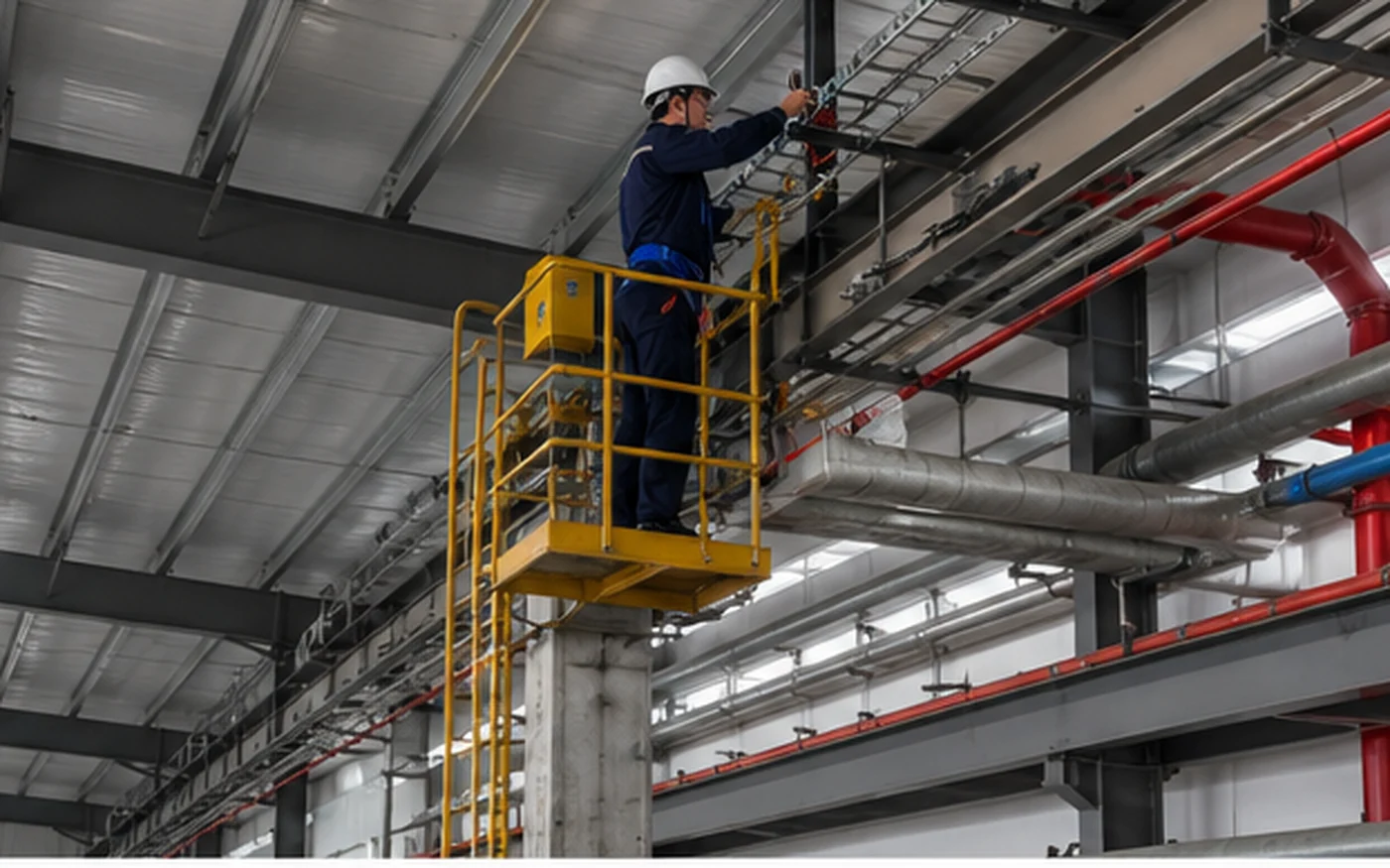 Vertical maintenance access around elevated building services in a steel building