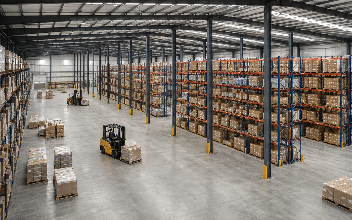 Warehouse racking rows coordinated with steel columns and forklift aisles