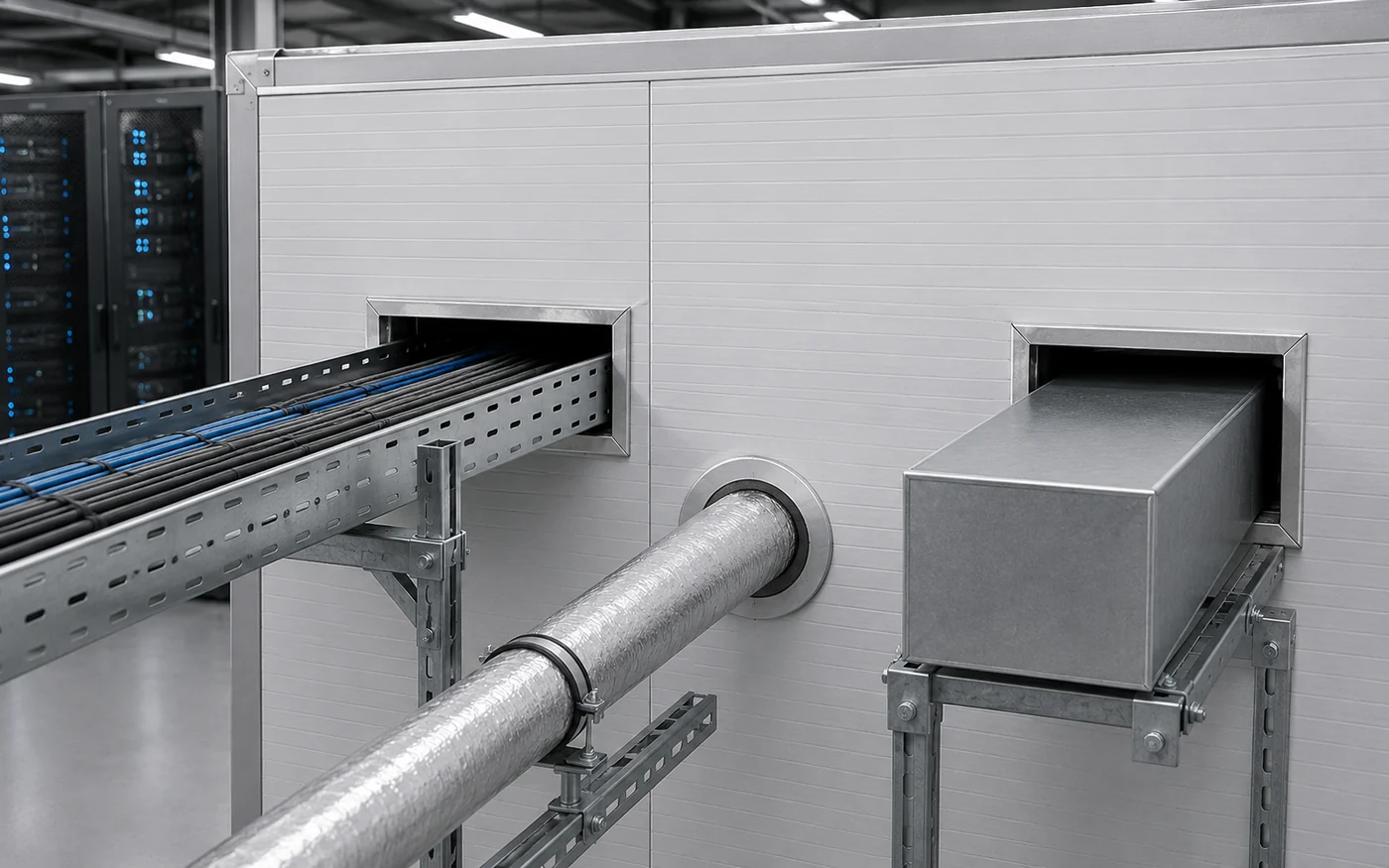 Cable pipe and duct service penetrations through data center sandwich wall panels