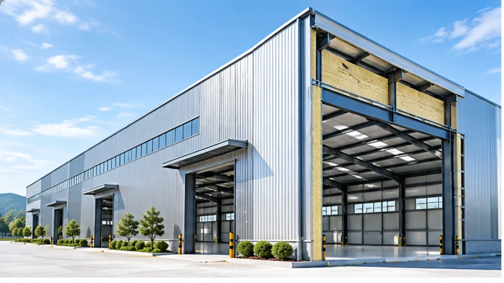 Large modern industrial warehouse with open loading bays, metal siding, and landscaped foreground under a clear blue sky.